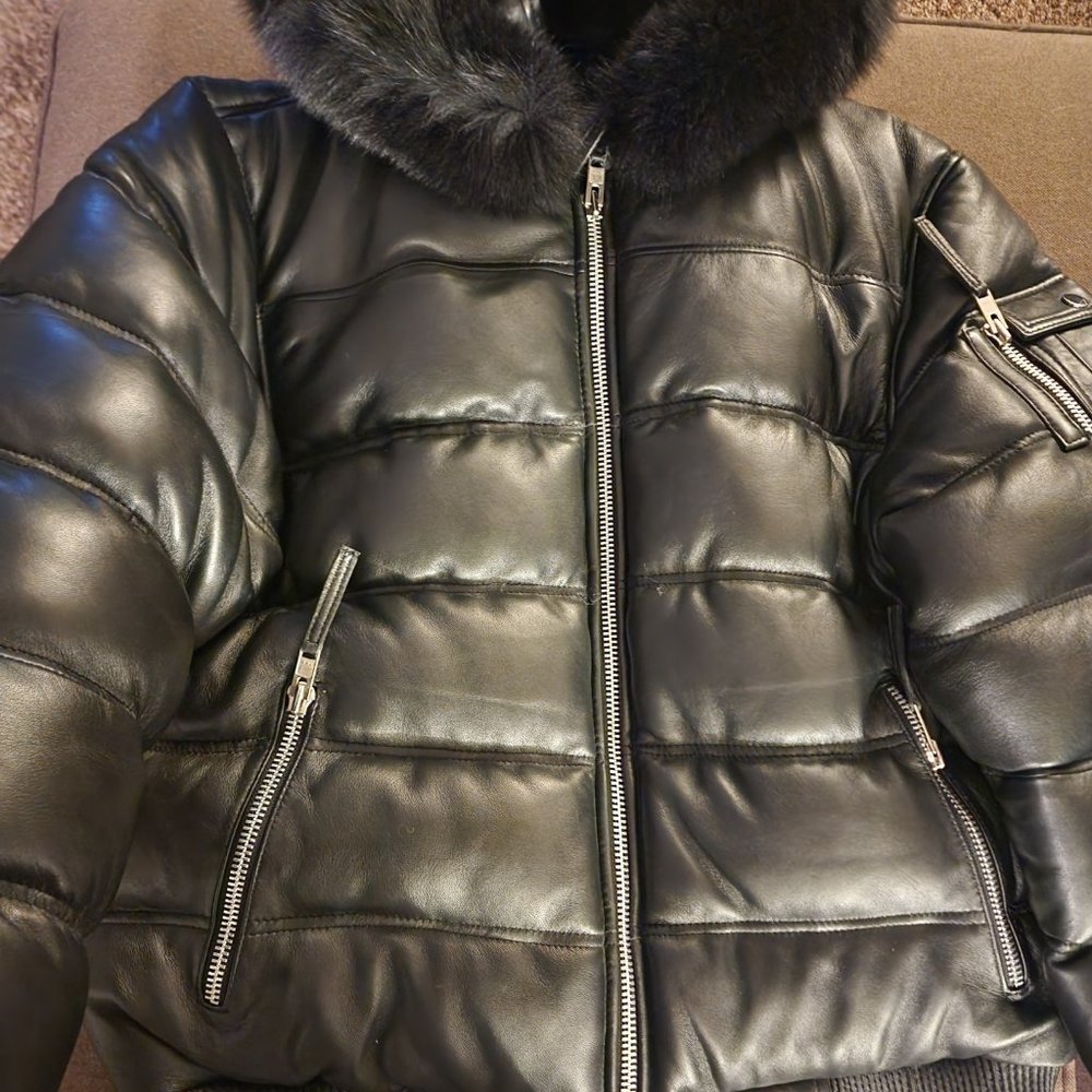 Black Puff Leather Jacket w/ Removable Hood (from Giovanni Outerwear)